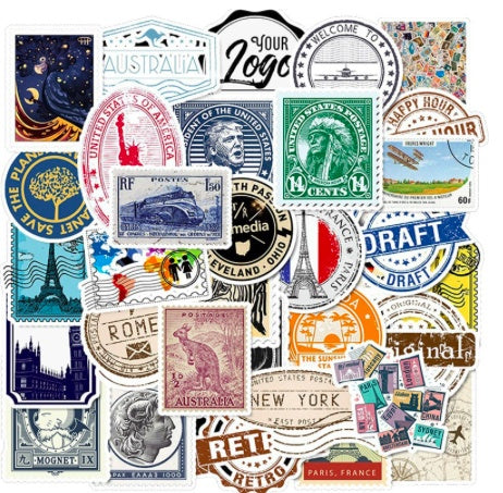50 Retro Travel Stamp Doodle Stickers