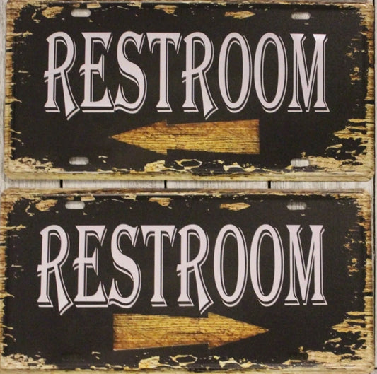 Restroom (2) Metal Tin Signs With Arrows Pointing Right & Left
