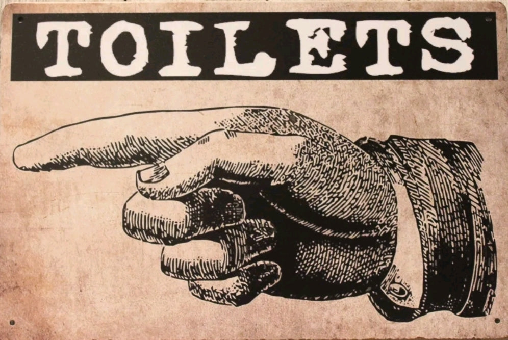 Toilets (2) Metal Tin Signs With Fingers Pointing Right & Left