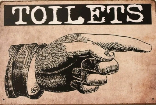 Toilets (2) Metal Tin Signs With Fingers Pointing Right & Left
