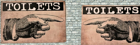 Toilets (2) Metal Tin Signs With Fingers Pointing Right & Left